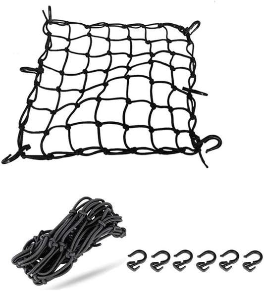 Black 15"X15" Motorcycle Cargo Net Featuring 6 Adjustable Hooks & Tight 2''X2'' Mesh Stretch up to 30'' X 30'' for Cargo Helmet Net